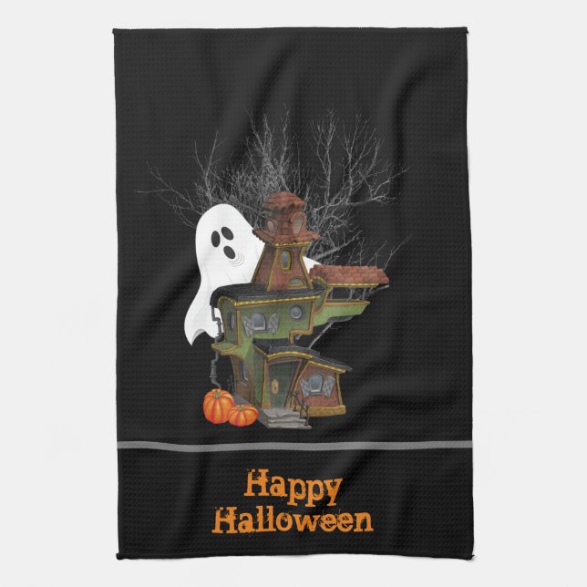 Scary Halloween Haunted House with Ghost Tea Towel (Vertical)