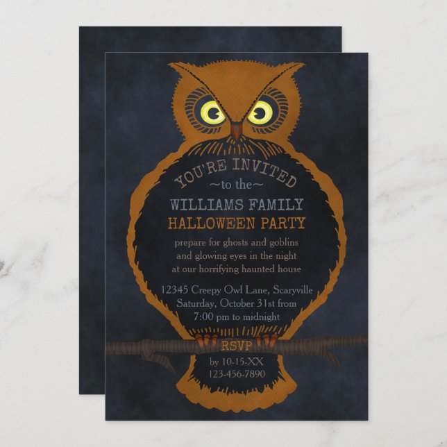 Scary Halloween Orange Owl Haunted House Party Invitation (Front/Back)