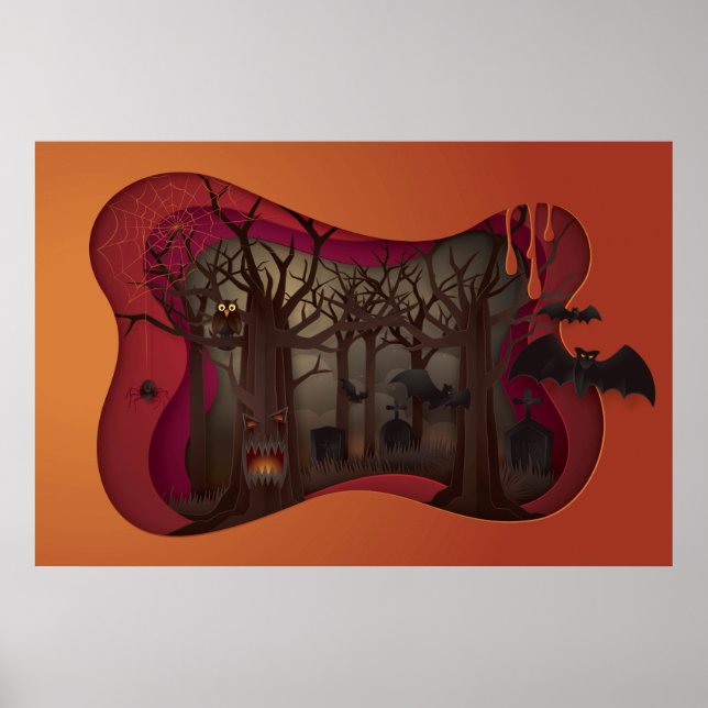 Scary Halloween Papercut Tree in Graveyard Poster (Front)