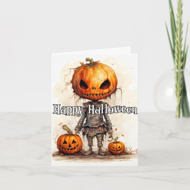 Scary Halloween Pumpkin Scarecrow Drawing Card (Front)
