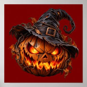 Scary Halloween Pumpkin Witch Hat Poster - Gothic 