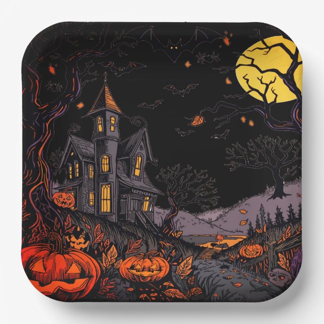Scary Halloween Pumpkins Paper Plate (Front)