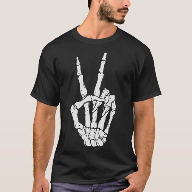 Scary Halloween Skeleton Peace Hand Sign  T-Shirt (Front)