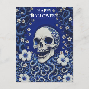 Scary Halloween Skull with Flowers Postcard
