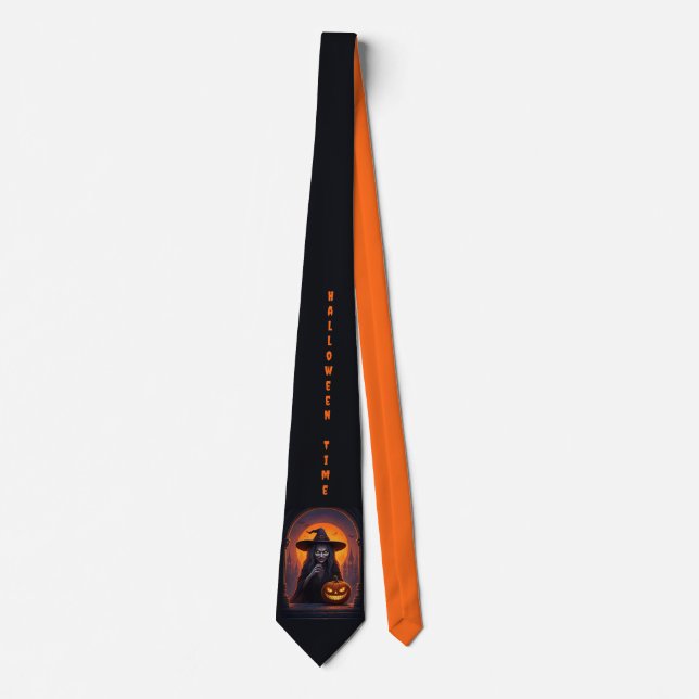 Scary Halloween Witch and Crazy Smile Pumpkin Tie (Front)