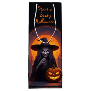 Scary Halloween Witch and Crazy Smile Pumpkin Wine Gift Bag