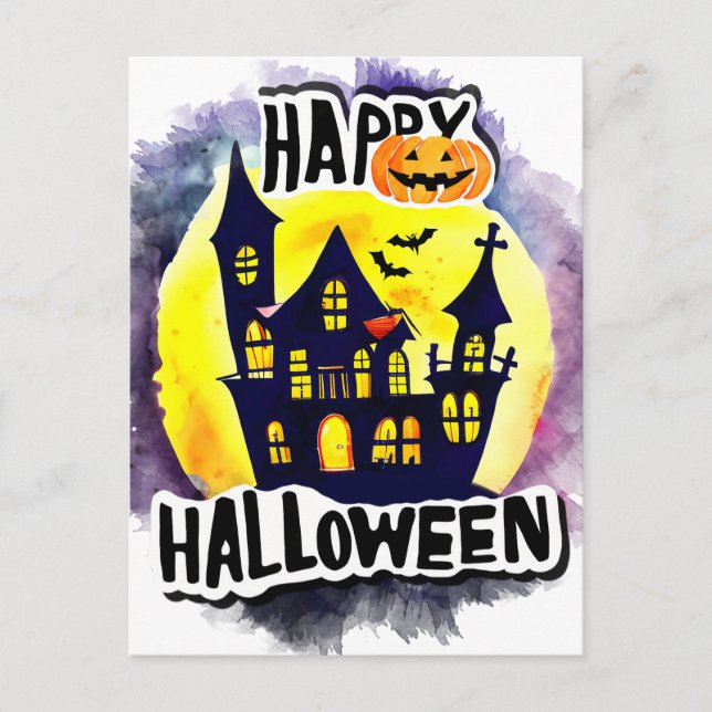 Scary Happy Halloween Night with Raven Bat Witch Postcard (Front)