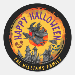Scary Happy Halloween Orange Witch Broomstick Classic Round Sticker