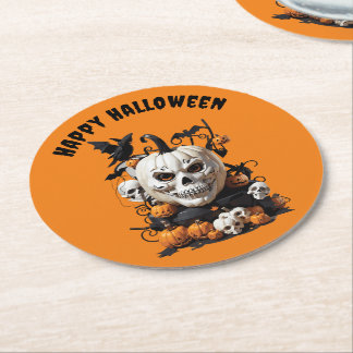 Scary Happy Halloween Skull design Round Paper Coaster