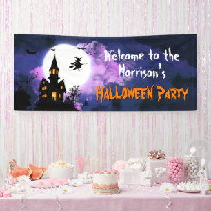 Scary Haunted Castle Flying Witch Halloween Party Banner