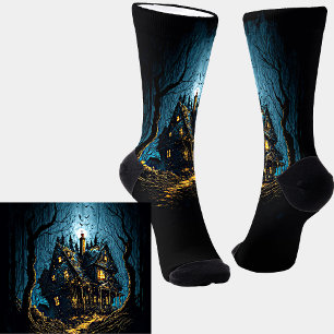 Scary Haunted House at Night on Black Socks