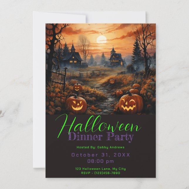 Scary Haunted Pumpkin Patch Halloween Dinner Party Invitation (Front)