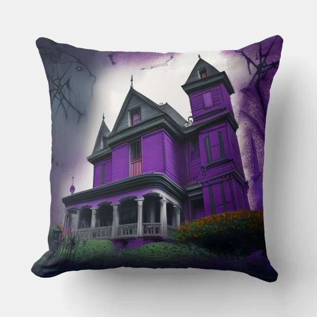 Scary Haunted Purple Mansion Throw Pillow (Front)