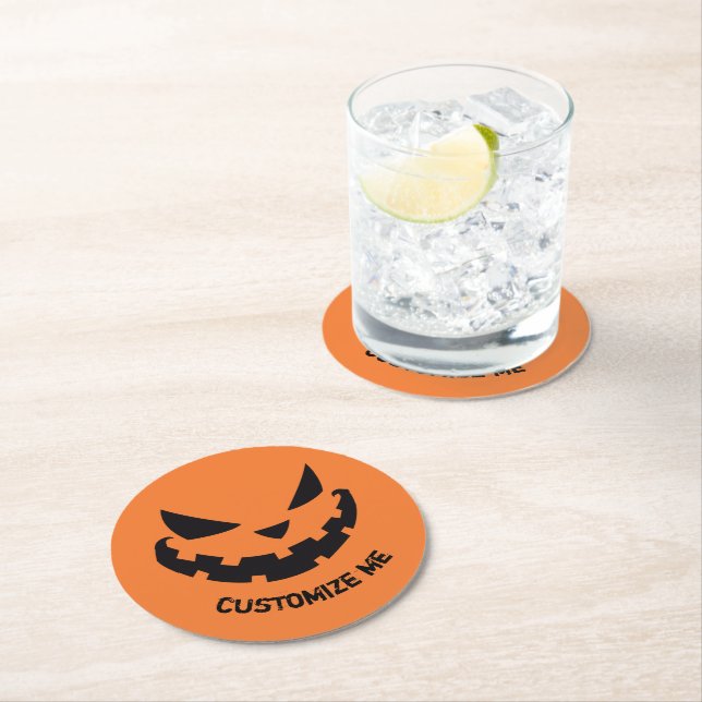 Scary Jack O Lantern Custom Orange Halloween Party Round Paper Coaster (Insitu)