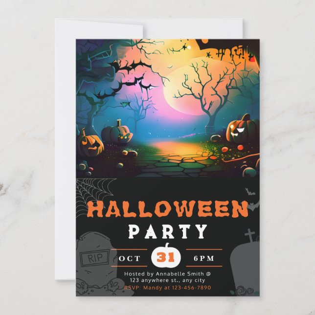 Scary Jack-O' Lantern Full Moon Halloween Invitation (Front)