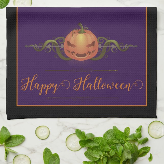 Scary Jack-o-Lantern Halloween | Black Tea Towel (Folded)