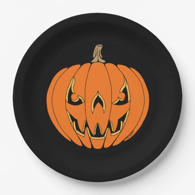 Scary Jack-o'-Lantern Halloween Design Paper Plate (Front)