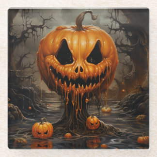 Scary Jack O Lantern Halloween Glass Coaster