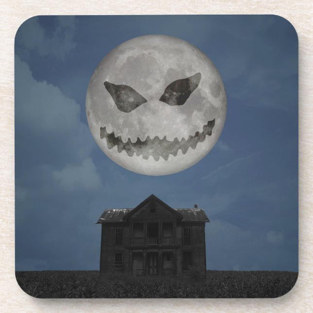 Scary Jack O Lantern Halloween Moon Coaster (Front)