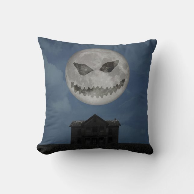 Scary Jack O Lantern Halloween Moon Cushion (Front)