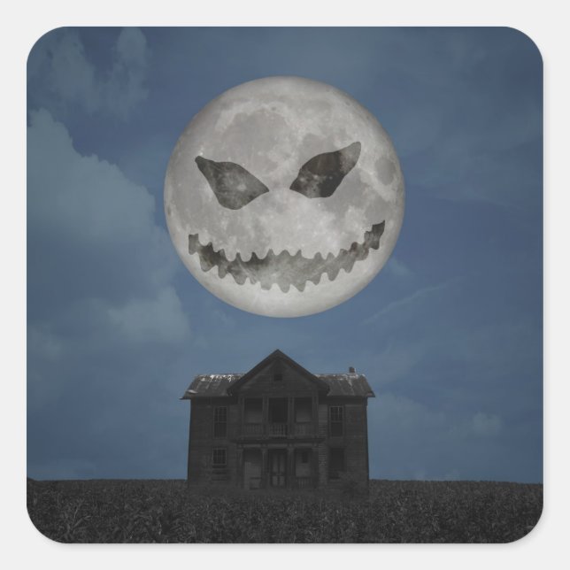 Scary Jack O Lantern Halloween Moon Square Sticker (Front)