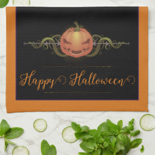 Scary Jack-o-Lantern Halloween Orange Tea Towel