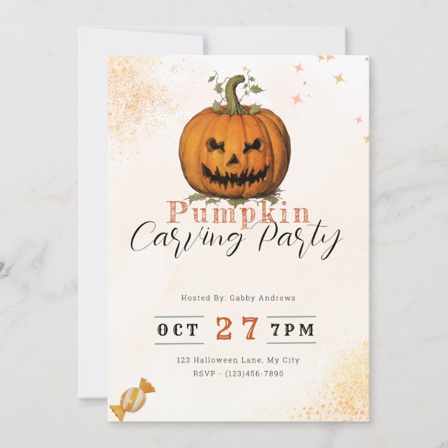 Scary Jack-O' Lantern Orange Pumpkin Carving Party Invitation (Front)