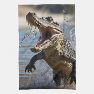 Scary Jaws: Australian Crocodile Leaping Tea Towel
