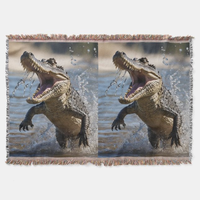 Scary Jaws: Australian Crocodile Leaping Throw Blanket (Front)