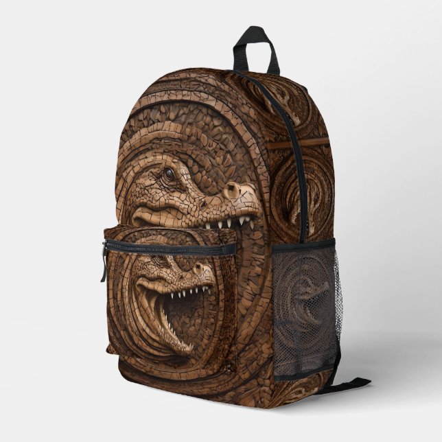 Scary Jaws: Australian Crocodile Wood Print Printed Backpack (Back Corner Right)