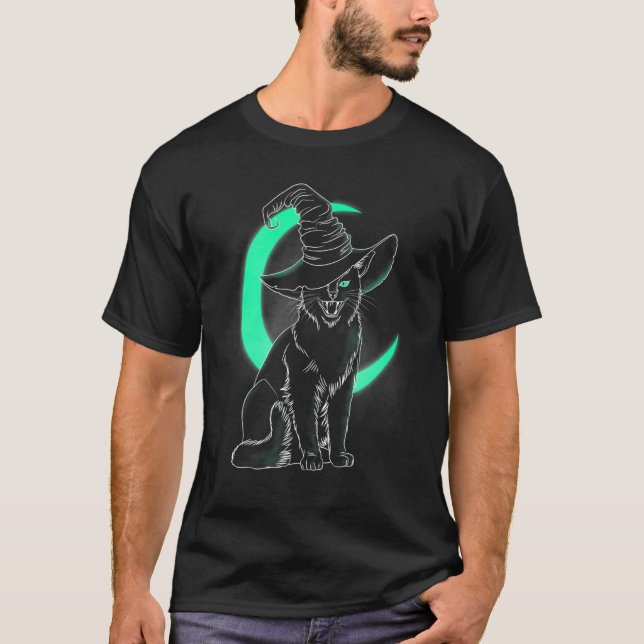 Scary Kitten Witch Hat Halloween Cat T-Shirt (Front)