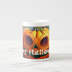 Scary Looking Orange Pumpkin with Face, Halloween Bone China Mug