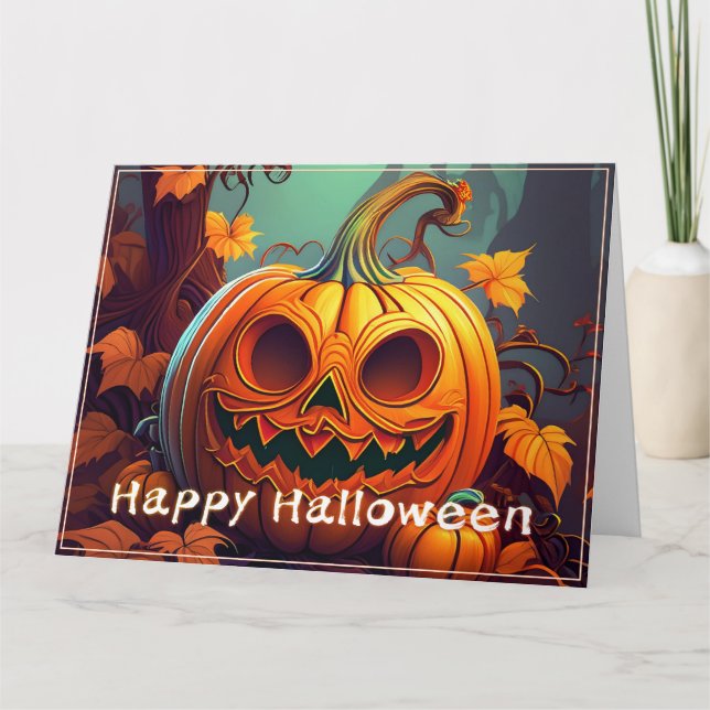 Scary Looking Orange Pumpkin with Face, Halloween Card (Front)