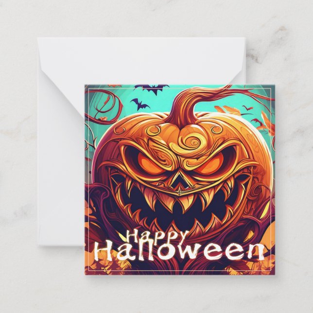 Scary Looking Orange Pumpkin with Face, Halloween Card (Front)