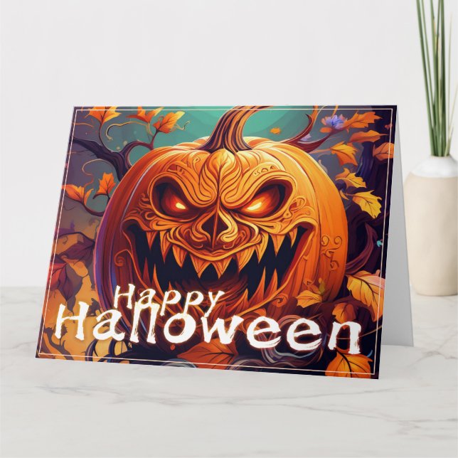Scary Looking Orange Pumpkin with Face, Halloween Card (Front)