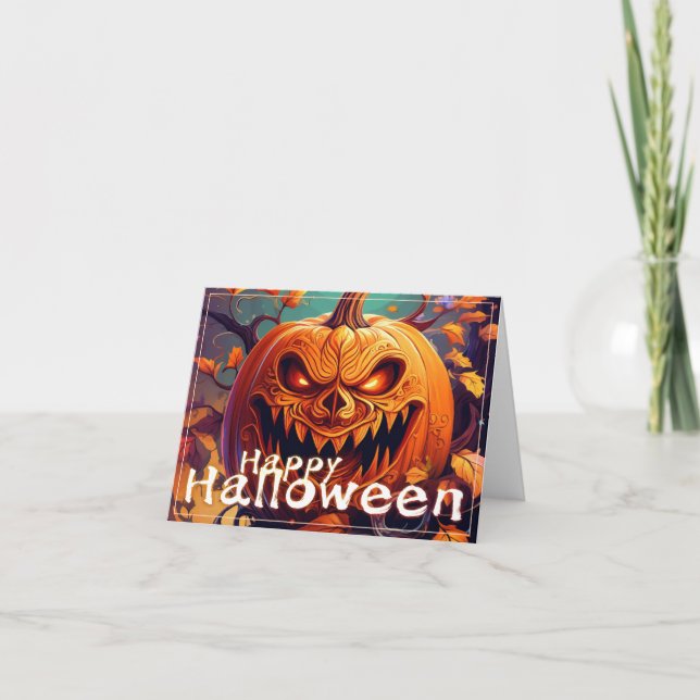 Scary Looking Orange Pumpkin with Face, Halloween Card (Front)