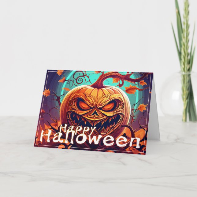 Scary Looking Orange Pumpkin with Face, Halloween Card (Front)