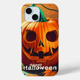 Scary Looking Orange Pumpkin with Face, Halloween iPhone 15 Case