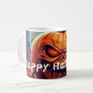 Scary Looking Orange Pumpkin with Face, Halloween Coffee Mug