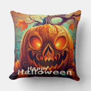 Scary Looking Orange Pumpkin with Face, Halloween Cushion
