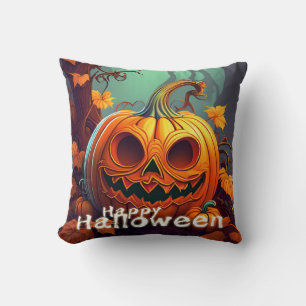 Scary Looking Orange Pumpkin with Face, Halloween Cushion