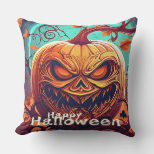 Scary Looking Orange Pumpkin with Face, Halloween Cushion
