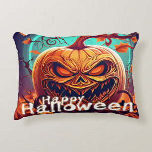 Scary Looking Orange Pumpkin with Face, Halloween Decorative Cushion
