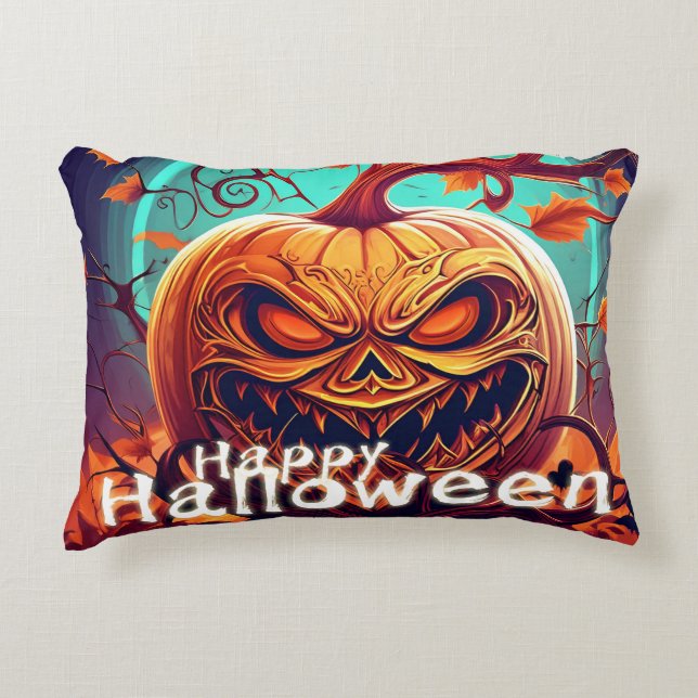 Scary Looking Orange Pumpkin with Face, Halloween  Decorative Cushion (Front)