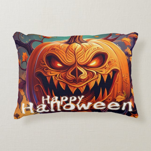 Scary Looking Orange Pumpkin with Face, Halloween Decorative Cushion (Front)