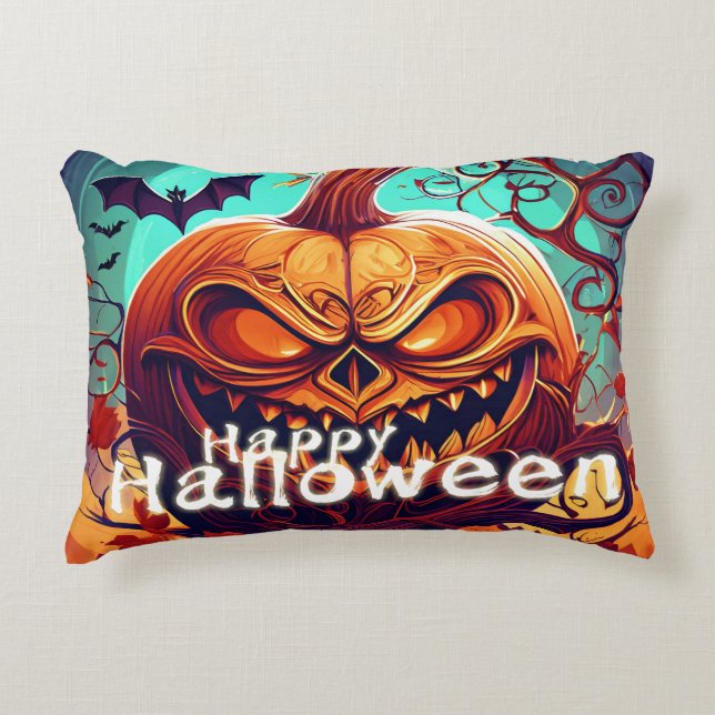 Scary Looking Orange Pumpkin with Face, Halloween Decorative Cushion (Front)