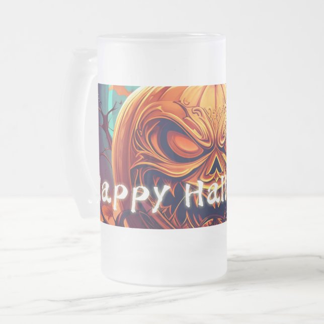 Scary Looking Orange Pumpkin with Face, Halloween  Frosted Glass Beer Mug (Front Left)