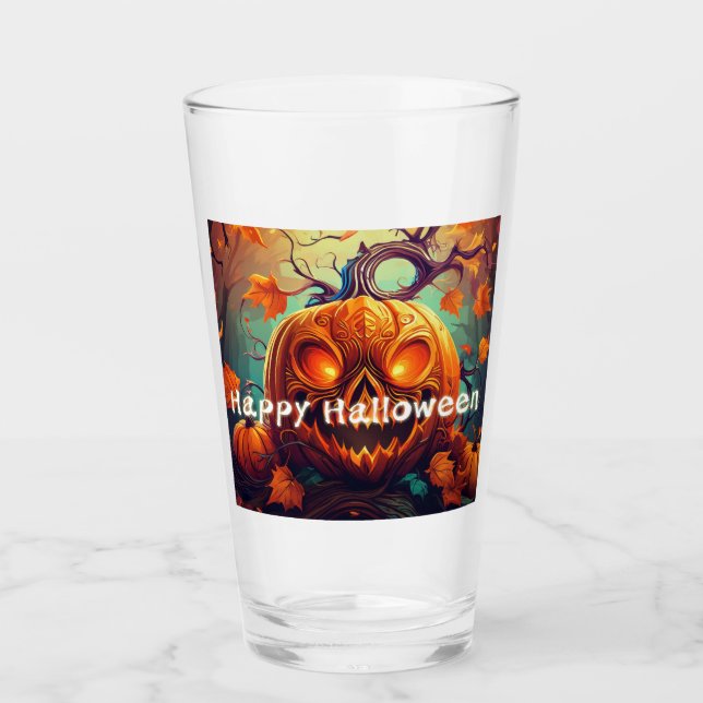 Scary Looking Orange Pumpkin with Face, Halloween  Glass (Front)