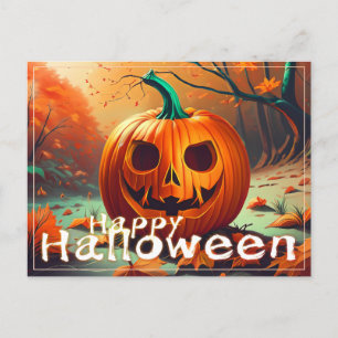 Scary Looking Orange Pumpkin with Face, Halloween Holiday Postcard