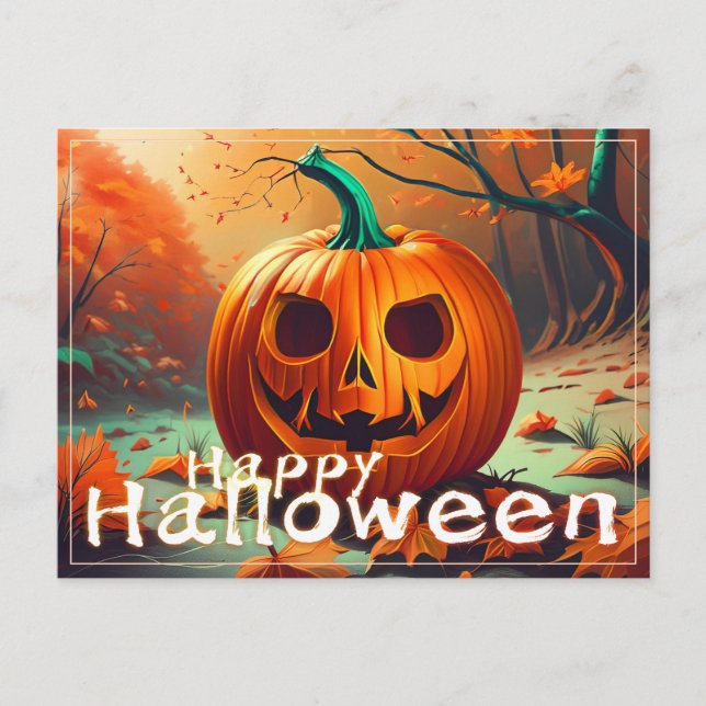 Scary Looking Orange Pumpkin with Face, Halloween  Holiday Postcard (Front)